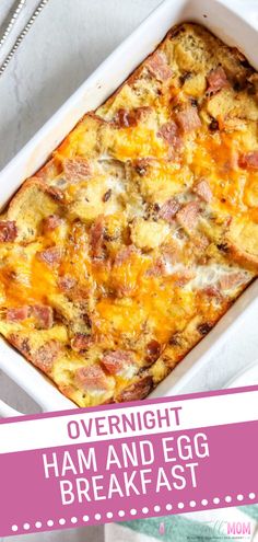 ham and egg breakfast casserole in a white baking dish with text overlay