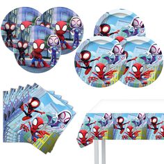 spider - man party supplies including tableware, napkins and plates for children's birthday