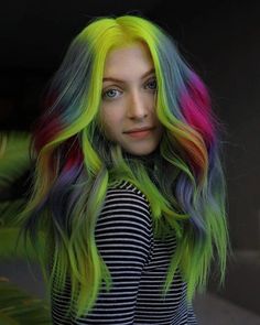 Rainbow Hair Color Ideas, Gemini Hair, Emerald Hair, Wild Hair Color, Vivid Hair, Split Dyed Hair, Dark Blue Hair, Silver Blonde Hair