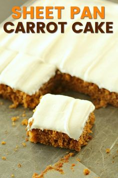 sheet pan carrot cake with white frosting on the top and one slice cut out