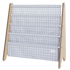 a blue and white checkered book rack