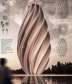 an advertisement for a building that looks like it is in the air and has wavy lines on