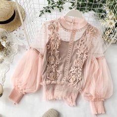 Women's Spring Blossom Sheer Lace Blouse - Wnkrs Lace Clothes, Lantern Sleeve Top, Lace Leggings, Pattern Dress Women, Elegant Embroidery, Shirts Women Fashion, Puff Long Sleeves, Shorts Style, Moda Vintage