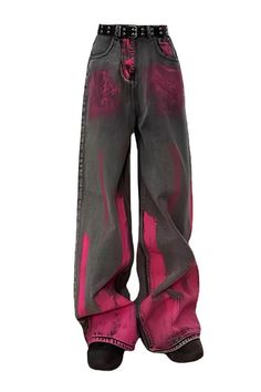 Bright Pink Artsy Panting E-Girl Gray Denim Women Jeans Skater Girl Aesthetic, Artsy Painting, Artsy Style, Trendy Jeans, E Girl, Pink M, Denim Material, Girls Wardrobe, Artistic Expression