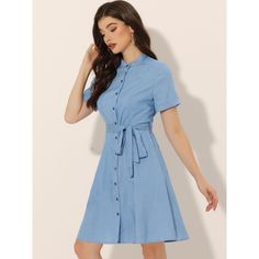 The classic design and button-front details make this dress versatile for day-to-night wear. The fitted silhouette and denim fabric give it a timeless appeal, perfect for a casual summer day or transitioning from work to an evening out. Pair it with stylish accessories and high heels for a chic casual look. This dress is suitable for various occasions including home, daily wear, casual outings, and office settings. It features a button-down front, waist tie belt, crew neck, and short sleeves. Short Sleeve Denim Dress With Button Closure For Daywear, Short Sleeve Denim Blue Shirt Dress With Buttons, Denim Blue Knee-length Shirt Dress With Button Closure, Denim Blue Cotton Shirt Dress With Button Closure, Denim Shirt Dress With Buttons For Daywear, Button-up Denim Blue Shirt Dress With Buttons, Fitted Denim Blue Shirt Dress With Buttons, Denim Blue Button-up Shirt Dress, Knee-length Denim Shirt Dress With Buttons