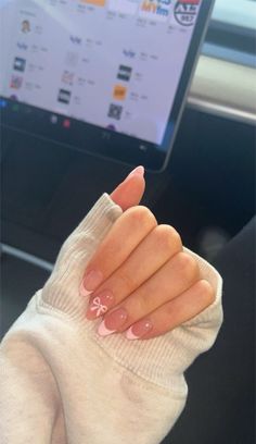 Pinkish bow nails Acrylic Nail Designs Strawberry, Light Pink French Tip With Bow, Cute Simple Bow Nails, Homecoming Nails Pink Dress, Cute Girly Acrylic Nails, Trendy Bow Nails, Light Pink Nail Designs Simple, Nails For Back To School Short, Pink Bow French Tip Nails