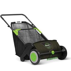 a green lawn mower with the handle extended to it's front wheel and side wheels