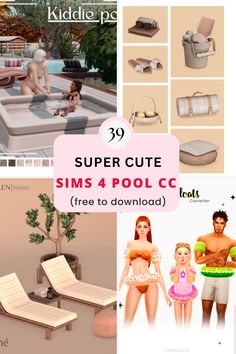 some people are in the pool and there is a pink sign that says, super cute sims 4 pool c free to downloaded