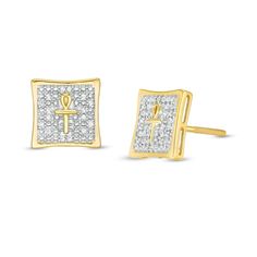 Stylishly display your religious beliefs with these diamond Ankh stud earrings. Fashioned in warm 10K gold, each symbolic earring features a sculpted Ankh centered within a concave-shaped frame of shimmering diamonds. Captivating with 1/10 ct. t.w. of diamonds and a brilliant buffed luster, these earrings secure with screw backs. Traditional Diamond Earrings With Accents As Gift, Symbolic Yellow Gold Jewelry With Matching Earrings, Gold Earrings With Pave Setting For Gift, Sun Crafts, Square Stud, Square Earrings Studs, Diamond Stone, Diamond Clarity, Earring Backs