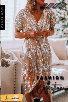 Sexy Solid Sequins V Neck Irregular Dress Dresses Sequin Holiday Dress, Elegante Y Chic, Dresses Dinner Party, Dresses Dinner, Dress Sleeve Length, Party Kleidung, Holiday Party Dresses, Dresses To Wear, Feminine Dress