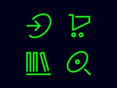 three green symbols on a black background, one with an arrow and the other with a book