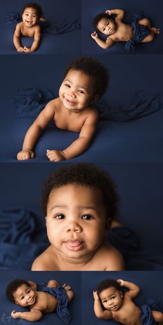 an adorable baby laying on top of a blue blanket