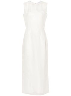 ivory white silk organza semi-sheer construction crew neck sleeveless fitted waistline straight hem mid-length internal slip pocket concealed rear zip fastening Elegant White Silk Sleeveless Dress, Fitted Sleeveless Silk Dress In White, Classic White Silk Midi Dress, Chic White Organza Midi Dress, Classic White Sleeveless Evening Dress, Elegant White Sleeveless Dress With Straight Neckline, Luxury Organza Midi-length Dress, White Sleeveless Dress With Fitted Bodice, Midi Length, Luxury White Organza Midi Dress