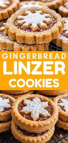 gingerbread linzer cookies on a cooling rack with the words gingerbread linzer cookies above them