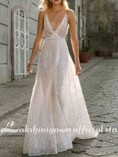 NumberSea - NumberSea A - Line Wedding Dresses V Neck Spaghetti Strap Boho Berta Wedding, Ivory Bridal Gown, Berta Wedding Dress, Dazzling Dress, Wedding Dress Sequin, Dresses Fall, Wedding Dresses 2020, Sequin Wedding, Wedding Dress Train