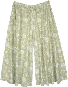 A white floral printed cotton palazzo pants with a light green colored base.  These wide-leg cotton pants are wide legged for an extra-flowy look that gives you a cool summer vibe. #tlb #SplitSkirtsPants #XLPlus #Printed #plussizecottonpants #plussizehippieclothing Green Cotton Wide Leg Vacation Pants, Green Cotton Wide Leg Pants For Vacation, Summer Floral Print Cotton Wide Leg Pants, Green Cotton Wide Leg Pants With Elastic Waistband, Green Cotton Wide Leg Pants For Summer, White Bohemian Wide Leg Pants For Spring, Summer Green Wide Leg Pants For Loungewear, Flowy Cotton Bottoms For Spring, Flowy Cotton Spring Bottoms