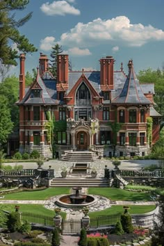 a large red brick house with lots of windows and columns on the front, surrounded by greenery