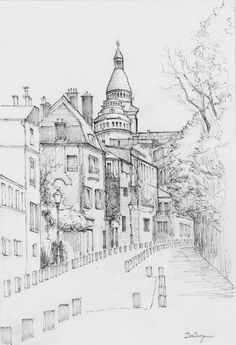 a pencil drawing of an old city street