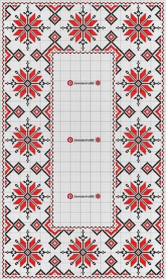 a cross - stitch pattern with red and black designs on white paper, in the shape of a square