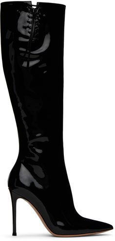 Handcrafted knee-high patent calfskin boots in black. · Pointed toe · Lace-up detailing at outer side · Zip closure at inner side · Buffed calfskin lining · Covered stiletto heel with rubber injection · Leather sole · Heel: H4 in Supplier color: Black Designer Thigh High Boots, Paul Core, Pointy Boots, Shoes Heels Classy, Knee High Heels, Leather Boots Heels, Heels Stilettos, Black Heel Boots, Favorite Boots