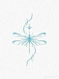 a drawing of a blue dragonfly sitting on top of a white paper with the word,