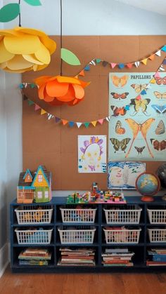 a child's playroom with toys and decorations