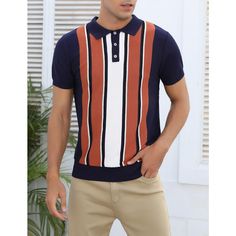 This shirt features a retro-inspired striped design with a traditional collared polo neckline. Striped Polo Shirt With Ribbed Collar, Striped Short Sleeve Polo Shirt With Ribbed Collar, Classic Striped Polo Shirt With Collared Neckline, Cotton Collared Polo Shirt With Vertical Stripes, Summer Collared Polo Shirt With Horizontal Stripes, Striped Polo Shirt With Ribbed Collar For Summer, Navy Tops With Striped Collared Neckline, Navy Tops With Striped Collar, Navy Top With Striped Collared Neckline