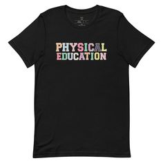 Physical Education Teachers we didn't forget you! Grab your PE teacher shirt to wear as students battle dodge ball and stretching correctly! **PLEASE NOTE** This design is NOT actual letter patches, but a glitter letter patch font design.|| DESCRIPTIONMaterials✨ 100% cotton✨ Pre-shrunk✨ Classic fit✨1x1 athletic rib knit collar with spandex✨Air-jet spun yarn with a soft feel and reduced pilling✨Double-needle stitched collar, shoulders, armholes, cuffs, and hemTeacher Noire is a small, mom-teacher Black Varsity T-shirt With Text Print, Black Text Print Top For Back To School, Sporty Text Print T-shirt For School, Sporty School T-shirt With Text Print, Black Text Print T-shirt For School, Sporty Letter Print T-shirt For School, Black T-shirt For College, Back To School, Sporty School T-shirt With Letter Print, Sporty School T-shirt With Logo Print