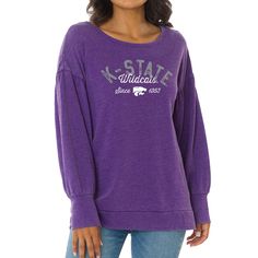 Combine a fashion-forward design and comfort with this Kansas State Wildcats Brooklyn pullover sweatshirt. It features roomy balloon sleeves that add a stylish flair and acid-washed fabric for a vintage look. Kansas State Wildcats graphics printed on the front make your fandom easy to see. Trendy French Terry Tops For College, Relaxed Fit Sweater For College, Collegiate French Terry Tops With Relaxed Fit, Casual French Terry Tops For College, Tcu Horned Frogs, Horned Frogs, Kansas State Wildcats, Kansas State, Balloon Sleeves