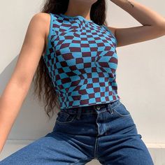 Aesthetic Plaid, Knitted Crop Tank Top, Plaid Tank Top, Casual Knitwear, Plaid Vest, Streetwear Aesthetic, Moda Vintage, Sleeveless Crop Top, Knit Crop Top