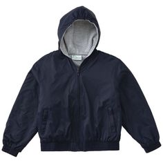 A Hooded Bomber jacket in nylon, fully lined with fleece knit. This jacket has a front zip closure, two zippered front pockets and one inside chest pocket. This also features a reflective zipper pull and elasticized cuffs. Size: M.  Color: Blue.  Gender: unisex.  Age Group: kids. Solid Hooded Track Jacket With Zipper Closure, Hooded Nylon Fleece Jacket With Pockets, Casual Hooded Nylon Fleece Jacket, Blue Nylon Hooded Jacket With Double-lined Hood, Outdoor Hooded Jacket With Zip Fly, Solid Outerwear With Fleece Lining For Sports, Hooded Nylon Track Jacket With Zipper, Hooded Sports Outerwear With Zipper Closure, Hooded Windbreaker With Zip Fly For Outdoor Activities