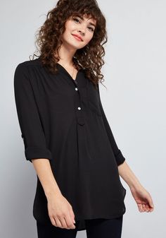 Pam Breeze-ly Long Sleeve Tunic in Black Versatile Black Tops For Business Casual, Feminine Black Office Blouse, Versatile Black Blouse For Business Casual, Versatile Black Button-up Blouse, Versatile Black Blouse For Office, Black Summer Blouse For Business Casual, Black Blouse For Office Wear In Summer, Versatile Black Blouse For Work, Black Tunic