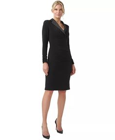 Adrianna Papell - Women's Jersey Tuxedo Sheath Dress Elegant V-neck Bodycon Dress For Formal Occasions, Tailored V-neck Dress For Night Out, Elegant Long Sleeve Bodycon Dress With Fitted Bodice, Elegant Bodycon Dress For Dinner, Elegant Fitted Dress For Semi-formal Occasions, Elegant Fitted Bodice Dresses For Work, Elegant Semi-formal Midi Dress With Fitted Bodice, Elegant Sheath Bodycon Dress For Dinner, Elegant V-neck Bodycon Dinner Dress