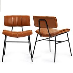 two brown leather chairs sitting next to each other on top of a white surface with black legs