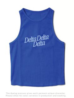 Product Color Varsity Blue Product Details University Tees UT009 Ribbed high-neck tank top Product Description Elevate your sorority wardrobe with our Varsity Blue Slanted Matching Set Tank. Crafted from the softest fabric, this tank provides ultimate comfort and style, making it a staple year round. Embrace the perfect blend of warmth and breathability with this must-have addition to your collection Note: This product is designed for a comfortable and breathable fit. It is intentionally crafted Blue Cotton Racerback Tank Top, Blue Cotton Racerback Top, Sorority Names, Theta Phi Alpha, University Tees, High Neck Tank Top, Weather Day, High Neck Tank, Greek Life