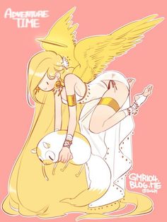 an angel is sitting on top of a bed next to a white cat with yellow wings