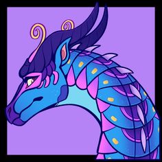 a drawing of a blue and pink dragon with long horns on it's head