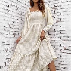 Features: Frill, Smocked Sheer: Opaque Stretch: Slightly Stretchy Body: Not Lined Material Composition: 65% Polyester, 35% Cotton Care Instructions: Machine Wash Cold. Tumble Dry Low. Imported Product Measurements: S: Front Length 51.6 In, Bust 26.5 In, Waist 25 In, Sleeve Length 25 In M: Front Length 52.1 In, Bust 28.9 In, Waist 27.3 In, Sleeve Length 25.4 In L: Front Length 52.5 In, Bust 31.2 In, Waist 29.6 In, Sleeve Length 25.7 In Xl: Front Length 53 In, Bust 34.3 In, Waist 32.8 In, Sleeve L Square Neck Long Sleeve Dress, Maxi Design, Elegante Y Chic, Square Neck Long Sleeve, Khaki Dress, Feminine Aesthetic, Plaid Fashion, Tiered Maxi Dress, Smock Dress