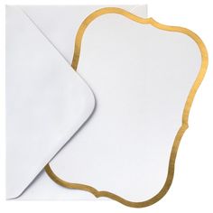 two white envelopes with gold trim on top and one in the middle, sitting next to each other