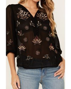 Shyanne Women's Decorated Peasant Top , Black Fitted Rayon Blouse For Fall, Black Rayon Blouse For Fall, Fall Floral Embroidered Rayon Blouse, Fall Floral Embroidery Rayon Blouse, Peasant Top, Country Girl, Peasant Tops, Get Directions, Country Girls