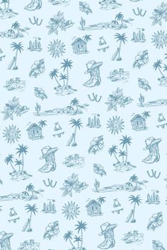 a blue and white wallpaper with palm trees, houses and boats on the water