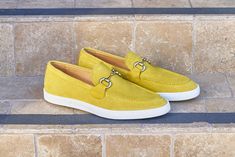 Yellow Leather Slip-on Loafers, Yellow Slip-ons With Round Toe, Casual Yellow Slip-ons For Spring, Yellow Leather Loafers For Work, Yellow Slip-ons For Spring, Casual Yellow Leather Slip-ons, Casual Yellow Loafers For Work, Yellow Slip-on Loafers With Round Toe, Yellow Suede Slip-on Loafers