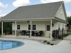 a house with a pool in front of it next to a fenced in yard