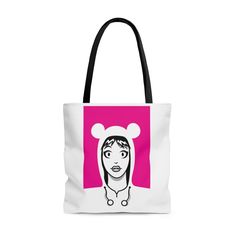 Set out on your day with your new favorite tote. This is a practical, high-quality Tote Bag. A vibrant pop of pink and an eye catching illustrated design of a girl in a polar bear hoodie provides a sharp look whether at the beach or out in town. Transport your goodies in style. Made from reliable materials, lasting for seasons. .: 100% Polyester .: Boxed corners .: Black inner stitching, transparent thread on hems. .: Black cotton handles .: With non-woven laminate inside  Care Instructions: .: Trendy Everyday Bags With Graphic Design, Everyday Bags With Graphic Print, White Graphic Print Shoulder Bag For Everyday, Trendy White Shoulder Bag With Graphic Print, Pink Bags With Cartoon Print For Daily Use, Pink Cartoon Print Bag For Everyday Use, Trendy White Bag With Cartoon Print, Trendy Pink Bags With Graphic Print, Casual Pink Bag With Cartoon Print