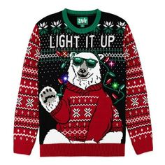 Illuminate your holiday spirit with Ugly Sweater Co's light up Ugly Christmas Sweater! This snug-fitting holiday garment features an outlandish design that will leave no one indifferent. Burst into the festive scene with your uniquely bright fashion statement and make your holiday greeting card the talk of the town. Don't be just another attendee, be the life of the party! Size: XL.  Color: Black. Sweater Designs, Mens Ugly Christmas Sweater, Polar Bear Christmas, Bear Rug, Christmas Sweater Men, Bright Fashion, Ugly Sweater Party, Xmas Sweater, Christmas Men