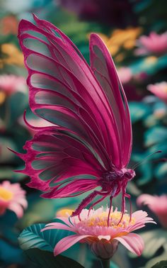 a purple butterfly sitting on top of a pink flower