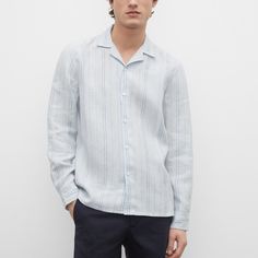 Pared Back But Polished. A Camp Collar Gives The Button-Down Shirt A Casual, Versatile Feel. Made From A Striped Lightweight Linen And Cut For A Slim Fit. Light Blue: Model Is 6'2½" Wearing A Size M Designed For An Easy, Tapered Fit. The Staple Shirt, Remixed. In A Fine Stripe Pattern, Our Reinterpretation Of Uniform Dressing 100% Linen Slim Fit With A 28¾" Length; Based On A Size M Front Button Placket Camp Collar; Long Sleeves With Single-Button Barrel Cuffs; Back Shoulder Yoke; Straight Hem W Casual Long Sleeve Camp Shirt With Button Closure, Relaxed Fit Long Sleeve Camp Shirt For Beach, Relaxed Fit Long Sleeve Camp Shirt For Vacation, Summer Long Sleeve Camp Shirt With Button Closure, Spring Long Sleeve Camp Shirt With Buttons, Spring Long Sleeve Camp Shirt, Blue Button-up Camp Shirt For Spring, Casual Button-up Camp Shirt For Spring, Spring Casual Button-up Camp Shirt