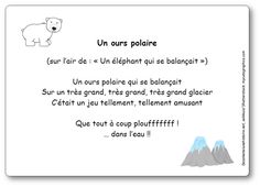 a polar bear poem written in french on a white background with an illustration of mountains