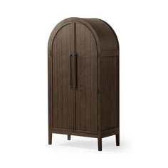 a wooden cabinet with an arched door and two doors on the front, in dark wood