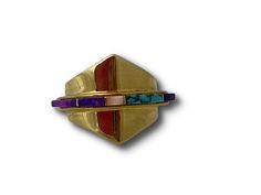 A Nighthorse classic, the Princess Ring is stunning in 18kt yellow gold. Inlaid with matrix turquoise, sugilite, and pink coral. Size 6. Unique Multicolor Rings With Polished Finish, Award Winning Jewelry, Princess Ring, Bolo Ties, Horses Pendant, Pink Coral, The Princess, 50 Years, Belt Buckles